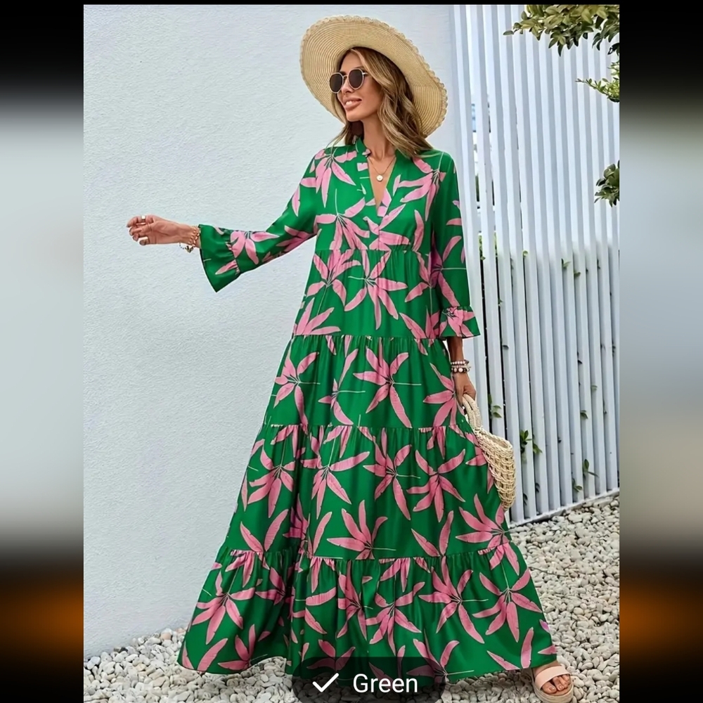 Eye catching green and pink print lightweight tiered maxi with 3/4 sleeves - Picture 5 of 5